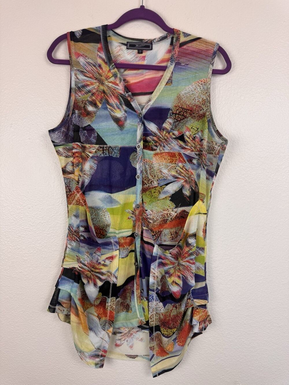 Vintage 90s Zashi Vibrant Abstract Floral Sleeveless Mesh Button Down Top Small
